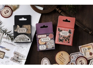 Macro shot of vintage style boxed decorative stickers for DIY scrapbooking and journal crafts