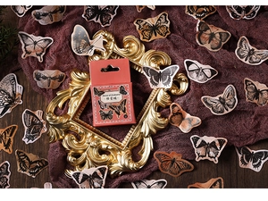 Vintage butterfly deco stickers in box with elegant gold frame and mesh background