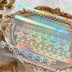 Holographic lace paper stickers with floral heart patterns for scrapbooking decor