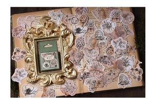 Vintage floral stickers in a golden frame with retro book background for DIY scrapbooking