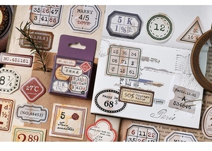 Detail of vintage traveler-themed stickers with various shapes and retro letter labels