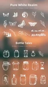 Detailed view of white artistic PET stickers featuring nature and vintage bottle designs