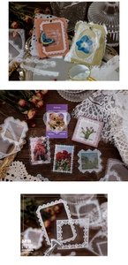 Detail of vintage white lace PET sticker frames for scrapbooking and artistic DIY