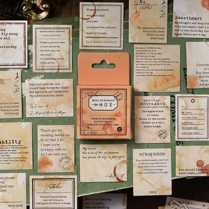 Retro coffee-stained travel-themed sticker set with vintage literary quotes in orange box