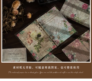 Vue détaillée du papier de scrapbooking vintage avec motifs floraux et écriture rétro élégante