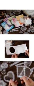 Detailed view of artistic PET lace stickers in vintage cardstock envelopes for scrapbooking