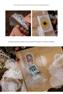 Detailed PET stickers showing vintage lace patterns and white ink printing process