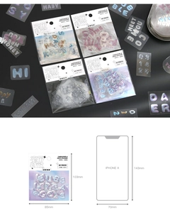 Detailed size comparison of iridescent alphabet stickers with various visual textures