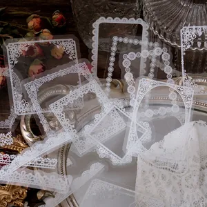 Artistic PET lace stickers with intricate hollow patterns on a vintage mirror tray