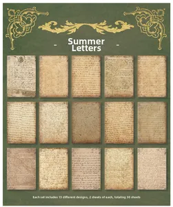 Aperçu macro de papier vintage avec 15 motifs d'écriture cursive et de style antique