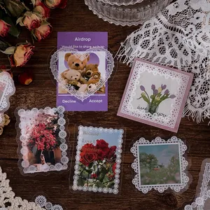 Artistic PET stickers set with white lace borders and floral teddy bear patterns