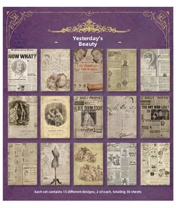 Vue détaillée de 30 feuilles de papier vintage avec journaux anciens et motifs rétro