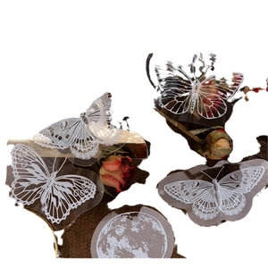Vintage PET butterfly stickers set with white ink moon patterns for creative DIY journals