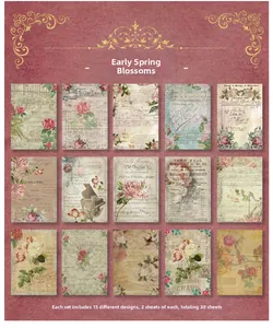 Vue macro de 15 motifs musicaux et floraux vintage sur 30 feuilles de papier décoratif
