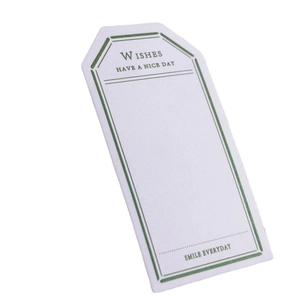 Letterpress matchbox-style memo paper tags with green border and wishes design
