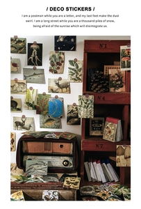 Macro shot of vintage nature-themed deco stickers featuring fish and botanical illustrations