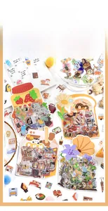 Close-up of lifestyle PET stickers featuring toast, jam, and floral illustrations on a desk