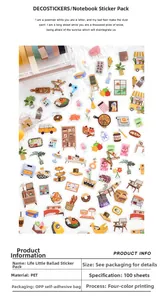 Detail view of PET lifestyle stickers featuring hand-drawn furniture and plants for DIY journals