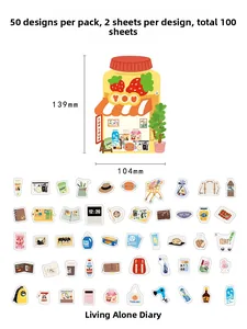 Detail view of 100pcs PET stickers set featuring cute lifestyle and strawberry house patterns