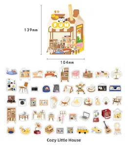 Detailed view of DIY PET stickers with home decor themes and 139mm milk carton packaging