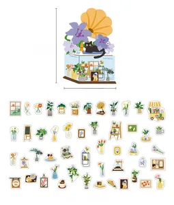 Floral market PET stickers featuring tulips, lilies, and black cat for DIY journal decor