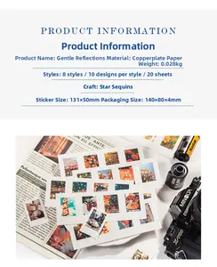 Makro-Detail von Vintage-Aufklebern mit Stern-Pailletten-Finish und Produktmaßen