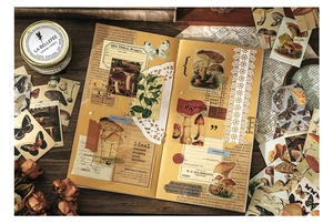 Vintage scrapbooking sticker set featuring retro mushroom and butterfly illustrations