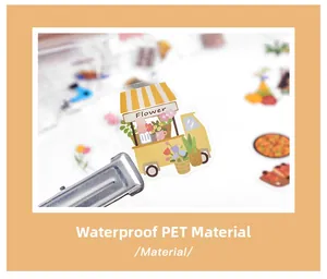 Detail of waterproof PET decorative stickers featuring a yellow mobile flower cart design