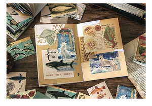 Detailed retro washi stickers featuring vintage biological illustrations in a scrapbook