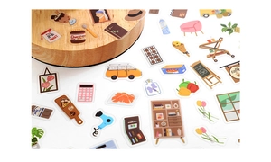 Creative cartoon PET stickers featuring home life and food illustrations for DIY decor