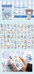 Detail of 50-piece cute blueberry mousse sticker set with letters and cartoon girl theme