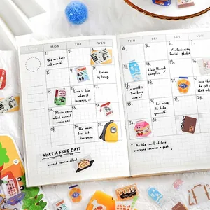 Aesthetic PET stickers with fresh lifestyle illustrations on a grid journal planner
