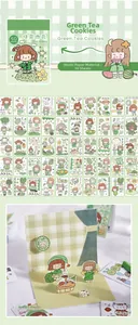 Macro view of Green Tea Cookies washi stickers featuring cute cartoon characters for DIY scrapbooking