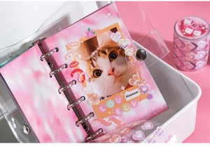 Detailed view of pink 6-hole binder with cat photo and lovely heart laser stickers