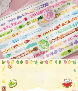 Detail of cartoon washi tape with food and cat motifs on a spiral notebook