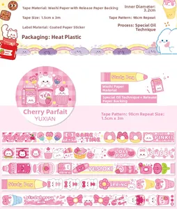 Detail view of pink dessert themed washi tape with special oil finish and cherry patterns