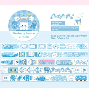 Detailed close-up of Blue Berry Sundae washi tape with cute cartoon animals and desserts