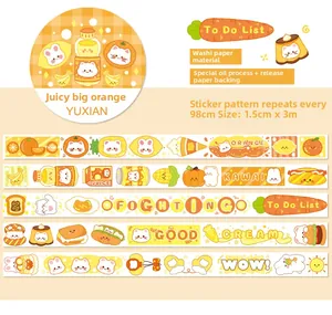 Detail of orange themed washi tape with cute cartoon cats and citrus fruit illustrations