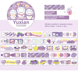 Detail of cute purple washi tape with special oil and cartoon rabbit and bear patterns