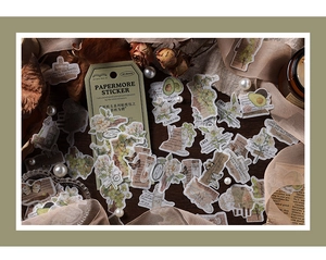 Détail de stickers washi vintage botaniques avec plantes et papillons sur bois