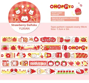 Detail of strawberry washi tape featuring cute hand-drawn cats and fruits pattern
