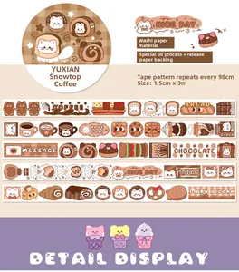 Macro detail of iced coffee theme washi tape with special oil finish and cat illustrations