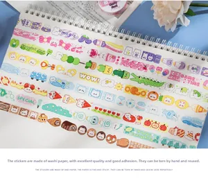 Detail of cute dessert-themed washi tape stickers with hand-drawn cartoon patterns on notebook