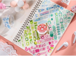 Detail of cartoon dessert themed washi tape rolls and stickers for journaling