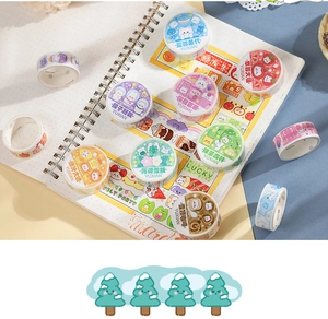 Detail of 8 dessert-themed washi tape rolls with cute cartoon bears on a white notebook