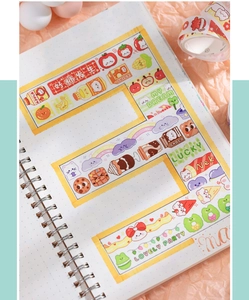 Detail of cartoon dessert washi tape set on a dotted notebook with cute stickers