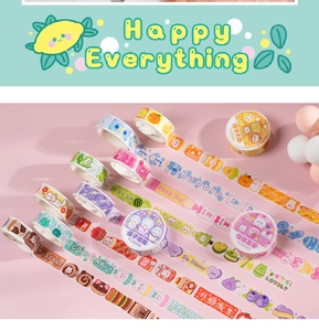 Macro detail of dessert themed washi tape set featuring cute illustrations and vibrant colors