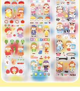 Detail of cute hand-drawn cartoon girls and fruit stickers for scrapbooking decor