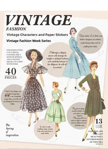 Dettaglio di 40 adesivi washi moda vintage con illustrazioni in stile metà del secolo