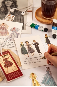 Detail of vintage fashion illustration stickers for journaling with 40 pieces and 20 designs